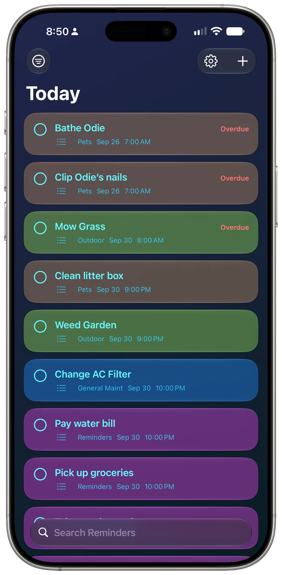 Widgetminder on iPhone showing overdue and upcoming reminders in the Today view