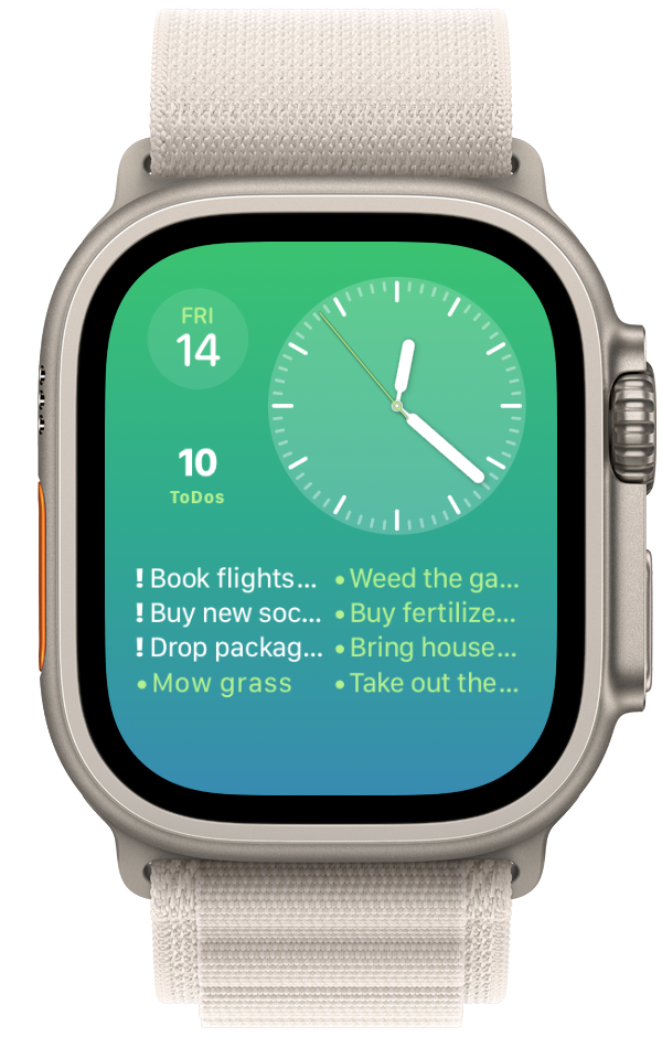 Apple Watch showing Widgetminder — At home on your face